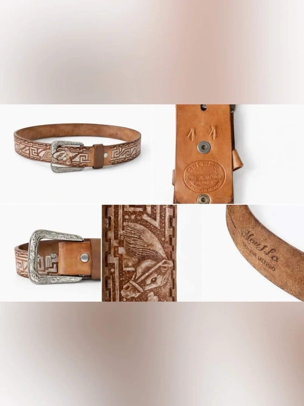 Vintage Western Leather Belt Cinto Piteado Horse Aztec Genuine Cowhide Mexico 44
